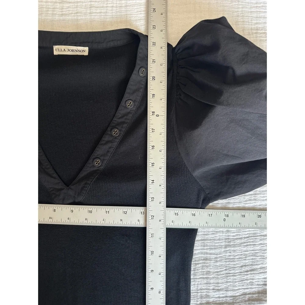Ulla Johnson Noir Black Ribbed 100% Cotton Pia Puff Sleeve Top M